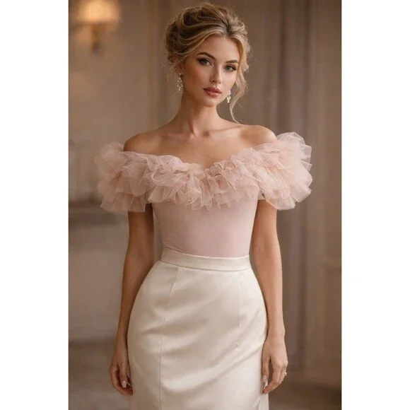 Free People Intimately L Big Love Tulle Ruffles Bodysuit Dusty Pink Feminine - Picture 7 of 14